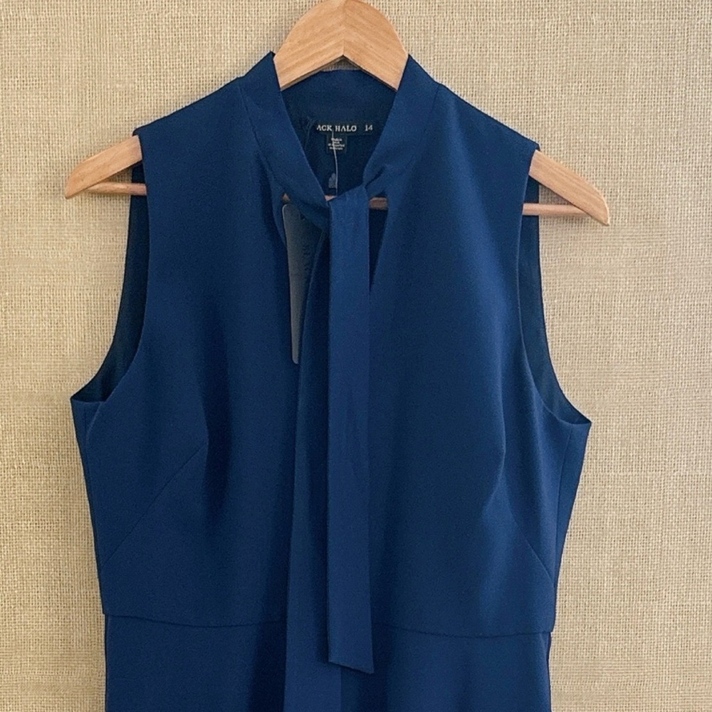 Black Halo Carolina Dress 14 Blue Career Sleeveless Modern Tie Neck Midi Length - Picture 4 of 16